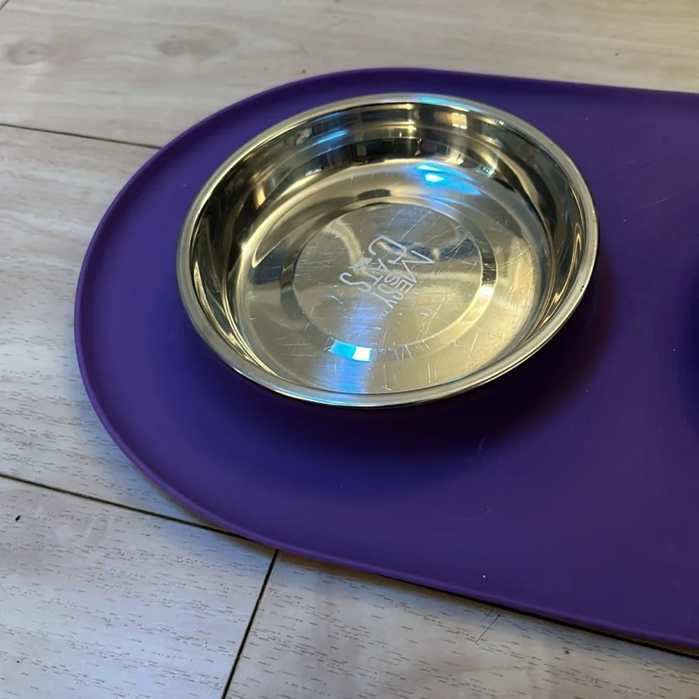 Messy Cat Bowls tray Modern Double Feeder purple silicon stainless steel bowls